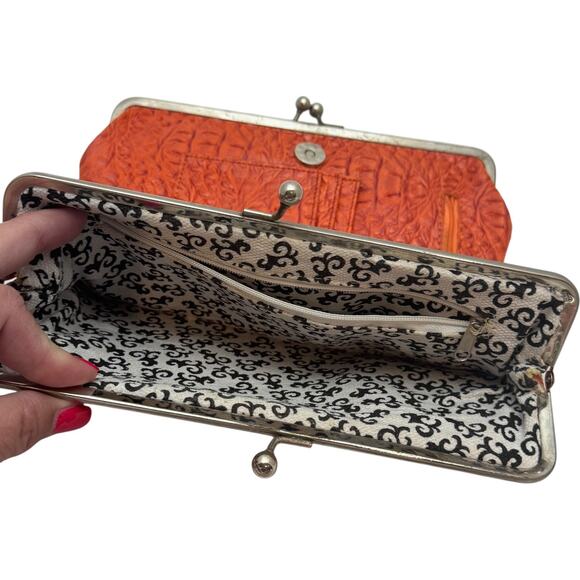 Vintage Kiss Lock Clutch Wallet Faux Leather Crock Embossed Orange - Picture 7 of 8